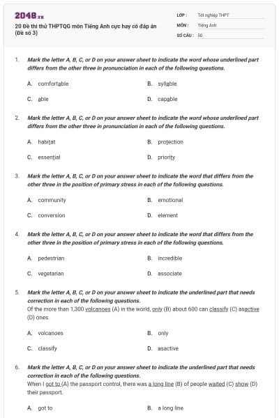 20 Đề thi thử THPTQG môn Tiếng Anh cực hay có đáp án (Đề số 3)