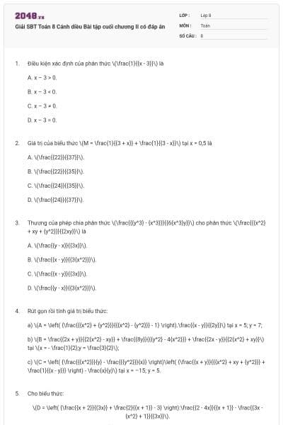 Giải SBT Toán 8 Cánh diều Bài tập cuối chương II có đáp án