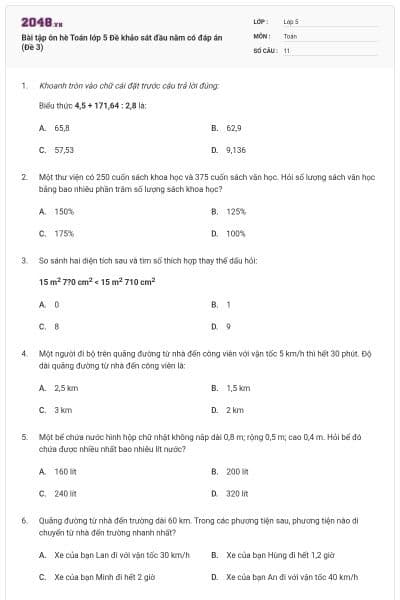 Bài tập ôn hè Toán lớp 5 Đề khảo sát đầu năm có đáp án (Đề 3)