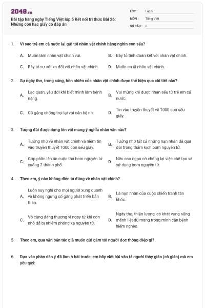 Bài tập hàng ngày Tiếng Việt lớp 5 Kết nối tri thức Bài 26: Những con hạc giấy có đáp án