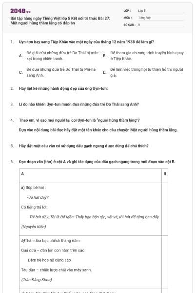 Bài tập hàng ngày Tiếng Việt lớp 5 Kết nối tri thức Bài 27: Một người hùng thầm lặng có đáp án