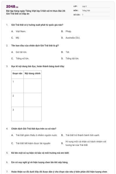 Bài tập hàng ngày Tiếng Việt lớp 5 Kết nối tri thức Bài 28: Giờ Trái Đất có đáp án