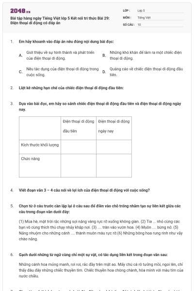 Bài tập hàng ngày Tiếng Việt lớp 5 Kết nối tri thức Bài 29: Điện thoại di động có đáp án
