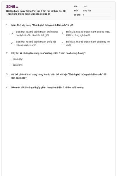 Bài tập hàng ngày Tiếng Việt lớp 5 Kết nối tri thức Bài 30: Thành phố thông minh Mát-xđa có đáp án