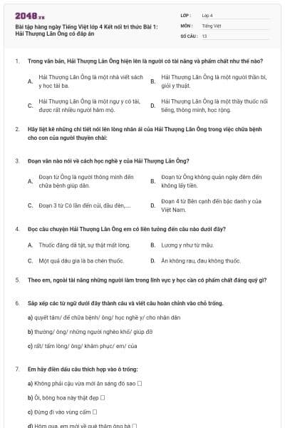 Bài tập hàng ngày Tiếng Việt lớp 4 Kết nối tri thức Bài 1: Hải Thượng Lãn Ông có đáp án