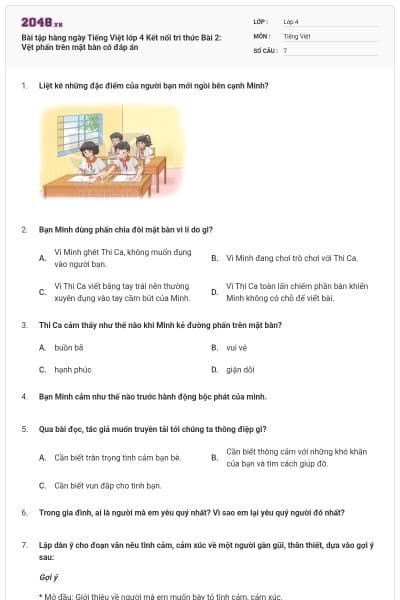 Bài tập hàng ngày Tiếng Việt lớp 4 Kết nối tri thức Bài 2: Vệt phấn trên mặt bàn có đáp án
