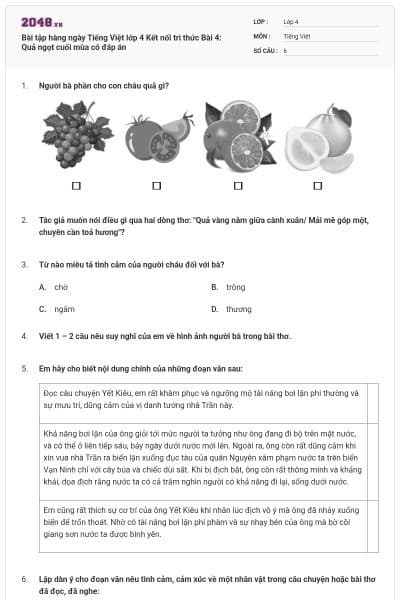 Bài tập hàng ngày Tiếng Việt lớp 4 Kết nối tri thức Bài 4: Quả ngọt cuối mùa có đáp án