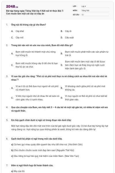 Bài tập hàng ngày Tiếng Việt lớp 4 Kết nối tri thức Bài 7: Con muốn làm một cái cây có đáp án