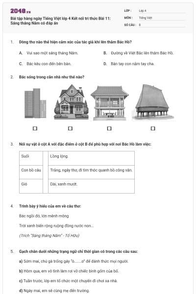 Bài tập hàng ngày Tiếng Việt lớp 4 Kết nối tri thức Bài 11: Sáng tháng Năm có đáp án