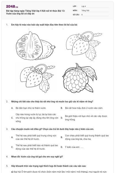 Bài tập hàng ngày Tiếng Việt lớp 4 Kết nối tri thức Bài 13: Vườn của ông tôi có đáp án