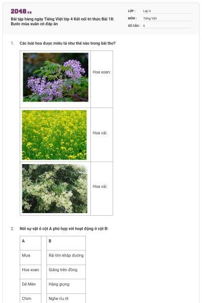 Bài tập hàng ngày Tiếng Việt lớp 4 Kết nối tri thức Bài 18: Bước mùa xuân có đáp án