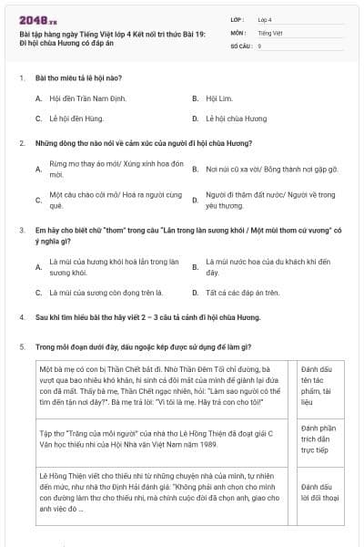 Bài tập hàng ngày Tiếng Việt lớp 4 Kết nối tri thức Bài 19: Đi hội chùa Hương có đáp án