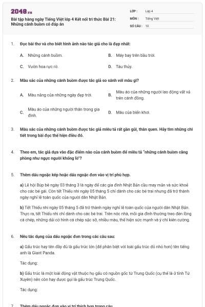 Bài tập hàng ngày Tiếng Việt lớp 4 Kết nối tri thức Bài 21: Những cánh buồm có đáp án