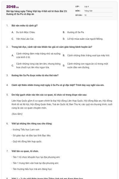 Bài tập hàng ngày Tiếng Việt lớp 4 Kết nối tri thức Bài 23: Đường đi Sa Pa có đáp án