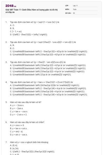 Giải SBT Toán 11 Cánh Diều Hàm số lượng giác và đồ thị có đáp án