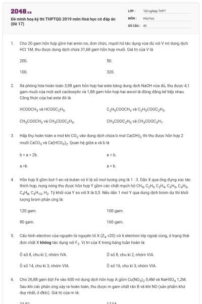 Đề minh hoạ kỳ thi THPTQG 2019 môn Hoá học có đáp án (Đề 17)