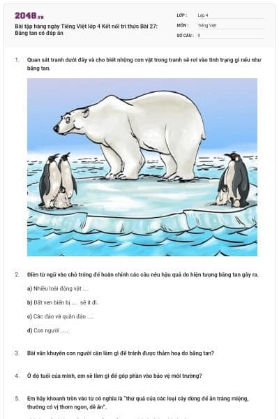 Bài tập hàng ngày Tiếng Việt lớp 4 Kết nối tri thức Bài 27: Băng tan có đáp án