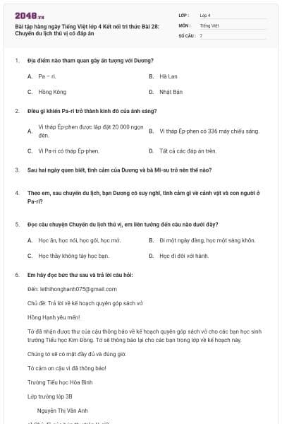 Bài tập hàng ngày Tiếng Việt lớp 4 Kết nối tri thức Bài 28: Chuyến du lịch thú vị có đáp án