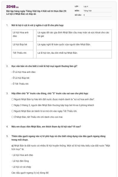 Bài tập hàng ngày Tiếng Việt lớp 4 Kết nối tri thức Bài 29: Lễ hội ở Nhật Bản có đáp án