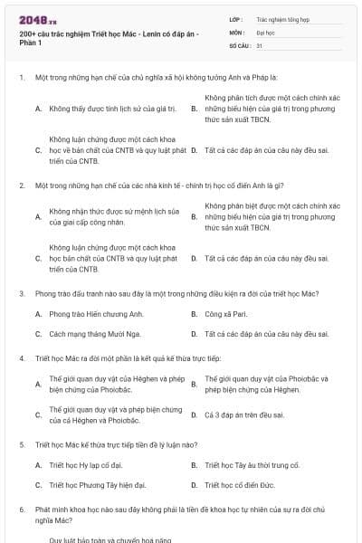 200+ câu trắc nghiệm Triết học Mác - Lenin có đáp án - Phần 1