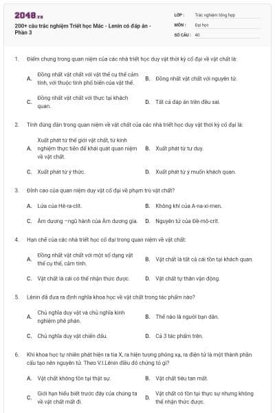 200+ câu trắc nghiệm Triết học Mác - Lenin có đáp án - Phần 3