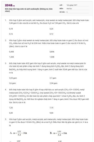 Đốt cháy hỗn hợp este và axit cacboxylic (không no; đơn chức)