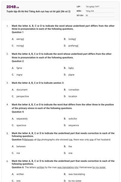Tuyển tập đề thi thử Tiếng Anh cực hay có lời giải (Đề số 2)