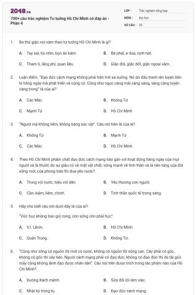 700+ câu trắc nghiệm Tư tưởng Hồ Chí Minh có đáp án - Phần 4
