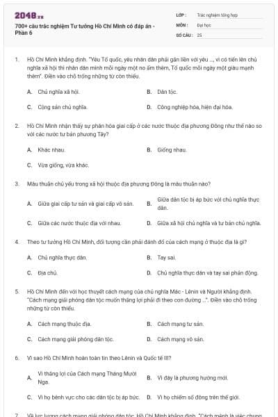 700+ câu trắc nghiệm Tư tưởng Hồ Chí Minh có đáp án - Phần 6