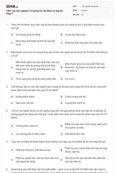 700+ câu trắc nghiệm Tư tưởng Hồ Chí Minh có đáp án - Phần 7