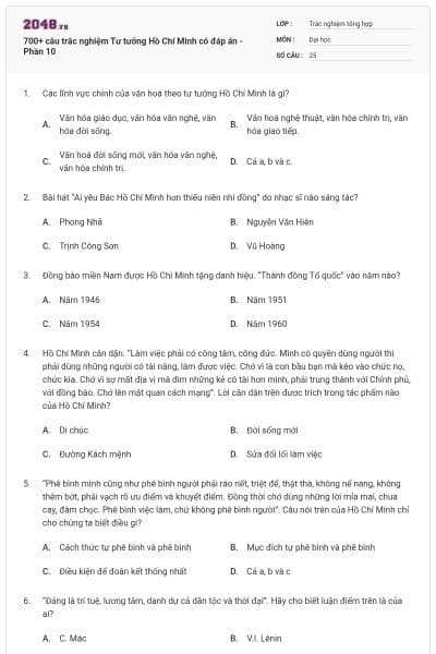 700+ câu trắc nghiệm Tư tưởng Hồ Chí Minh có đáp án - Phần 10