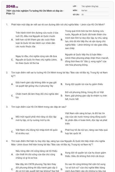 700+ câu trắc nghiệm Tư tưởng Hồ Chí Minh có đáp án - Phần 12