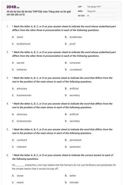 30 đề thi thử đề thi thử THPTQG môn Tiếng Anh có lời giải chi tiết (Đề số 5)