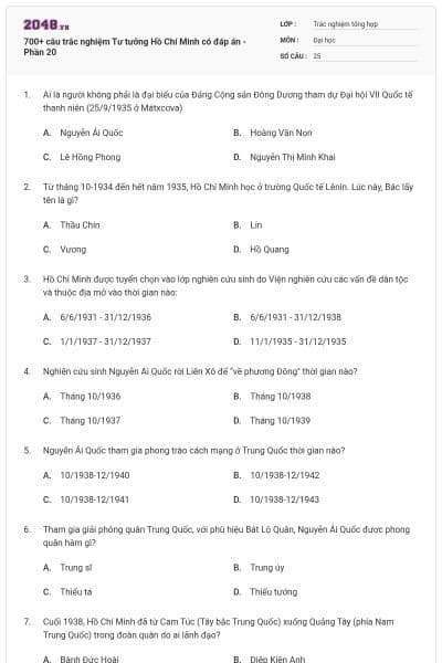 700+ câu trắc nghiệm Tư tưởng Hồ Chí Minh có đáp án - Phần 20