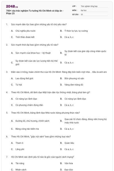 700+ câu trắc nghiệm Tư tưởng Hồ Chí Minh có đáp án - Phần 25