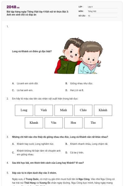 Bài tập hàng ngày Tiếng Việt lớp 4 Kết nối tri thức Bài 3: Anh em sinh đôi có đáp án