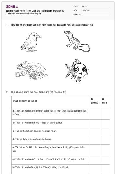 Bài tập hàng ngày Tiếng Việt lớp 4 Kết nối tri thức Bài 5: Thằn lằn xanh và tắc kè có đáp án