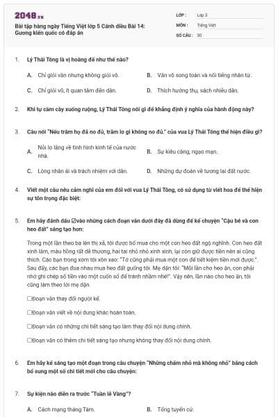 Bài tập hàng ngày Tiếng Việt lớp 5 Cánh diều Bài 14: Gương kiến quốc có đáp án