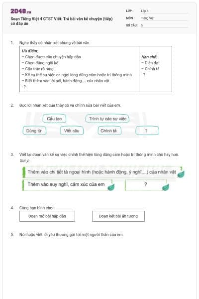 Soạn Tiếng Việt 4 CTST Viết: Trả bài văn kể chuyện (tiếp) có đáp án