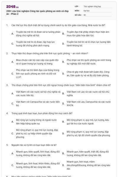 200+ câu trắc nghiệm Công tác quốc phòng an ninh có đáp án - Phần 2