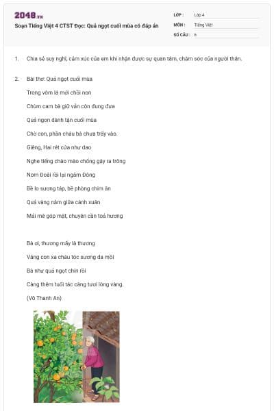 Soạn Tiếng Việt 4 CTST Đọc: Quả ngọt cuối mùa có đáp án
