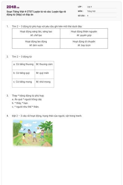 Soạn Tiếng Việt 4 CTST Luyện từ và câu: Luyện tập về động từ (tiếp) có đáp án
