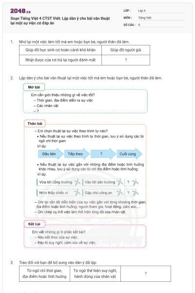 Soạn Tiếng Việt 4 CTST Viết: Lập dàn ý cho bài văn thuật lại một sự việc có đáp án