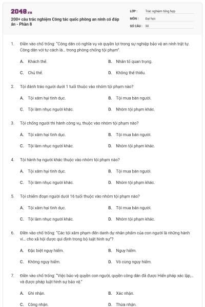 200+ câu trắc nghiệm Công tác quốc phòng an ninh có đáp án - Phần 8