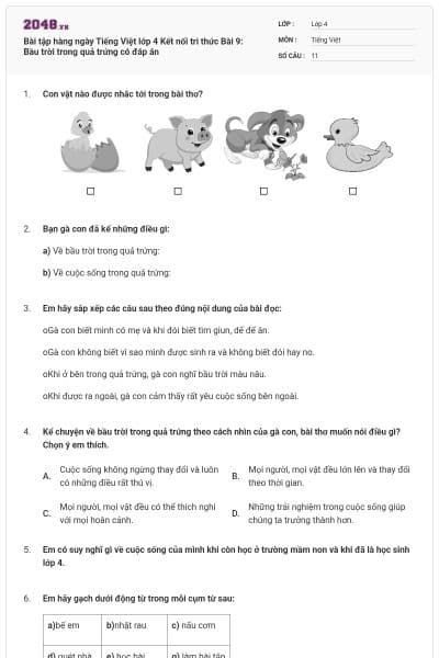 Bài tập hàng ngày Tiếng Việt lớp 4 Kết nối tri thức Bài 9: Bầu trời trong quả trứng có đáp án