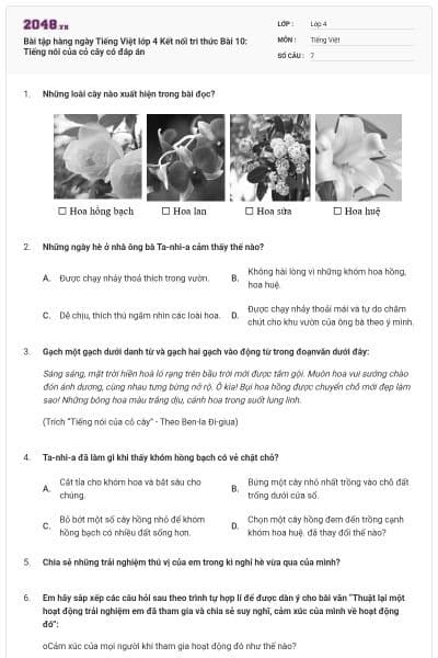 Bài tập hàng ngày Tiếng Việt lớp 4 Kết nối tri thức Bài 10: Tiếng nói của cỏ cây có đáp án