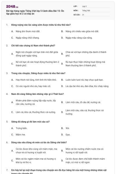 Bài tập hàng ngày Tiếng Việt lớp 5 Cánh diều Bài 15: Ôn tập giữa học kì 2 có đáp án