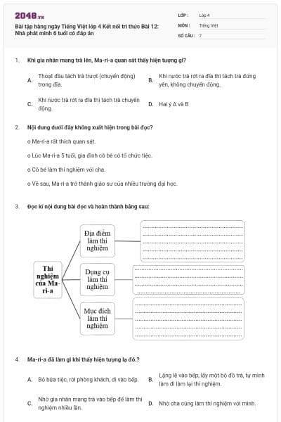 Bài tập hàng ngày Tiếng Việt lớp 4 Kết nối tri thức Bài 12: Nhà phát minh 6 tuổi có đáp án