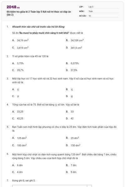 Đề kiểm tra giữa kì 2 Toán lớp 5 Kết nối tri thức có đáp án (Đề 2)