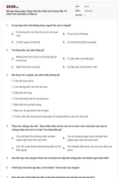 Bài tập hàng ngày Tiếng Việt lớp 4 Kết nối tri thức Bài 14: Chân trời cuối phố có đáp án